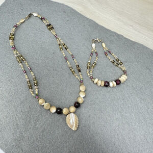 Carved Mother Of Pearl Leaf Pendants Beaded Necklace Bracelet Set Gold Filled